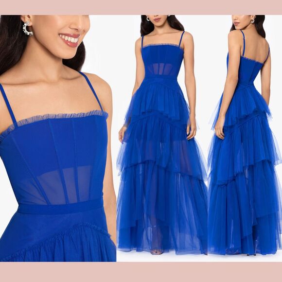 NEW $309‎ Betsy & Adam [ 8 ] Jasmine Tiered Tulle Ruffle Gown in Royal Blue